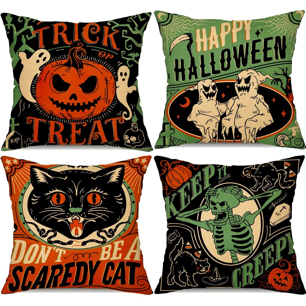 Halloween vintage print pillow covers - set of 4- 18X18 cats skeletons p…